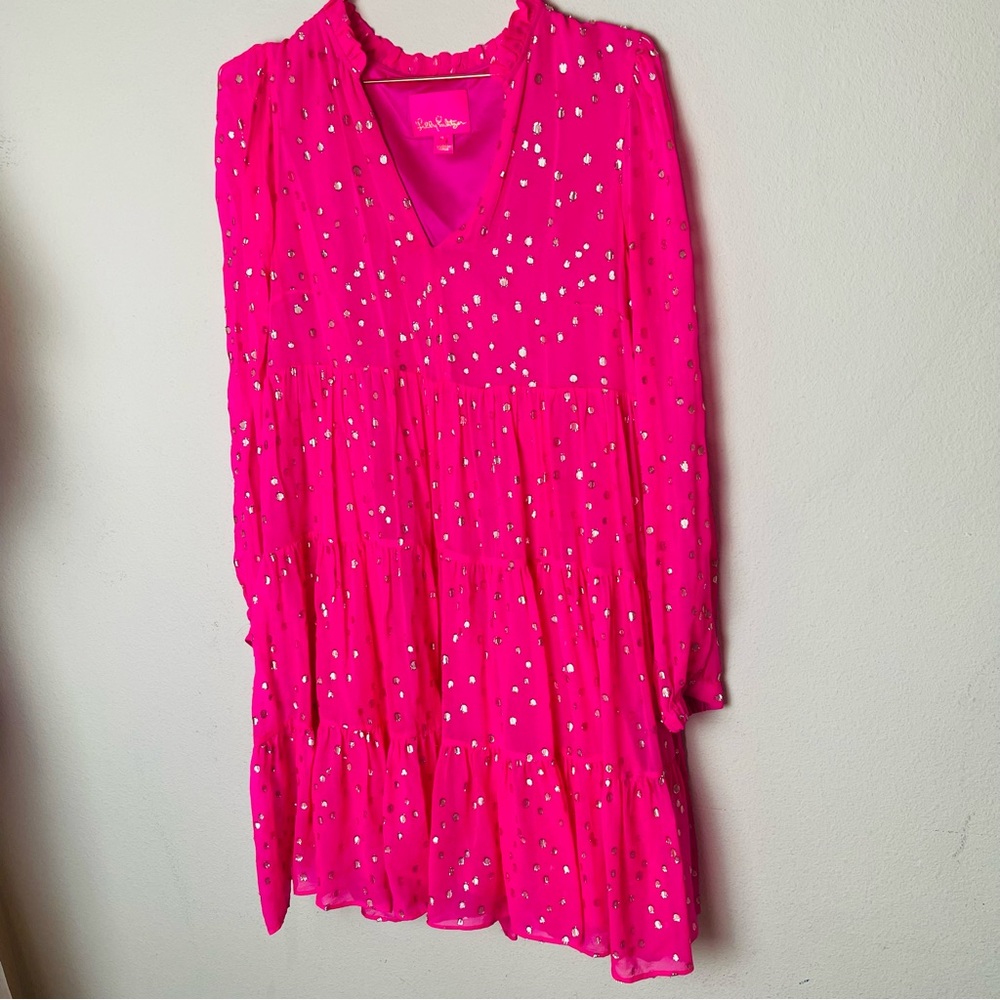 Lilly Pulitzer Hot Pink Tiered Long-Sleeve V-Neck Dress with Gold Dots - Picture 6 of 8